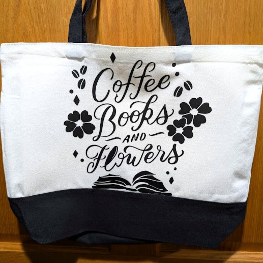 Coffee Books and Flowers Tote Bag, Handmade, Book Bag, Mothers Day Gift, Tote